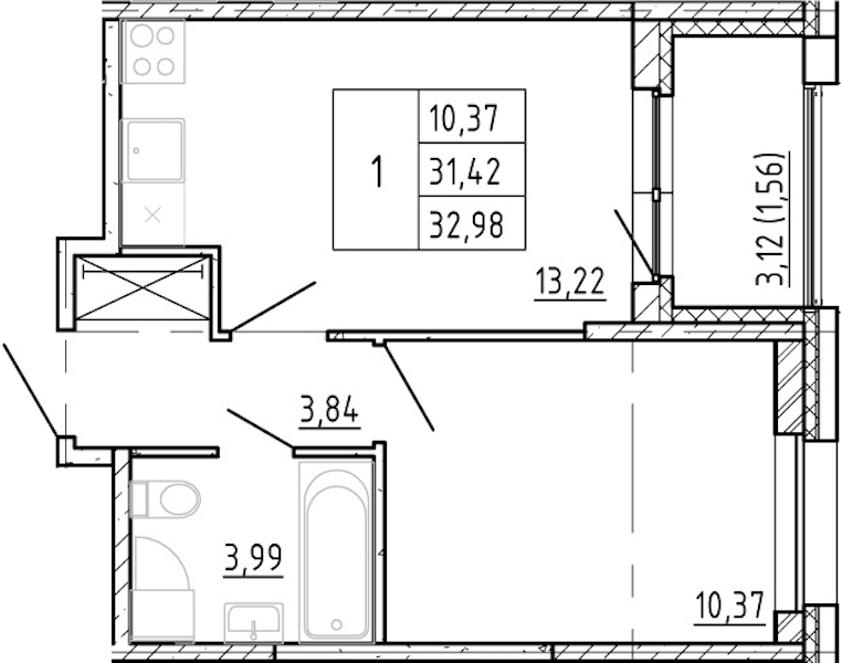 1-комнатная квартира 31.42 м², 2/12 эт., ЖК «Полис Новоселье»